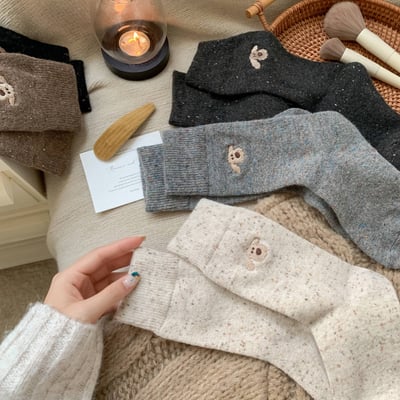 秋冬新款 韓系可愛小狗刺繡中筒襪5雙組5