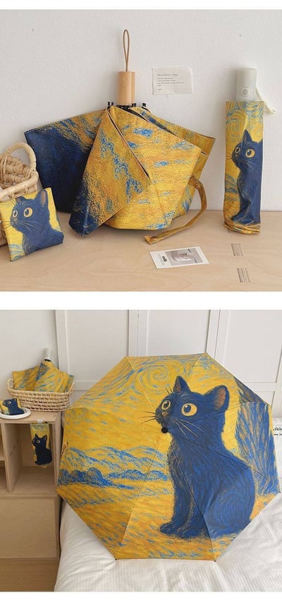 梵高風格文藝貓咪自動晴雨傘4