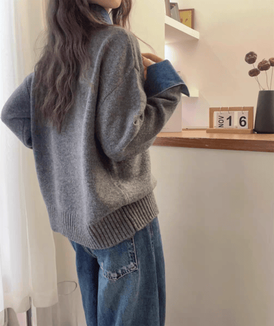 冬季新款Polo領牛仔拼接針織上衣 高級感假兩件針織衫3