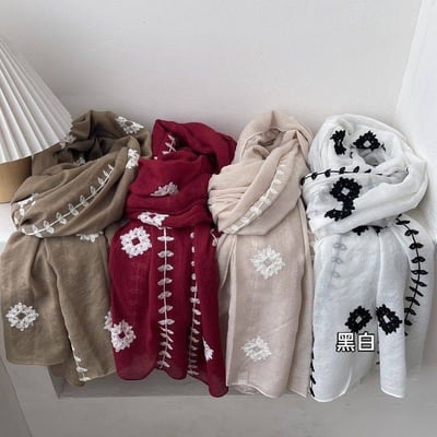 民族風茉莉花刺繡棉麻圍巾 防曬披肩兩用圍巾8