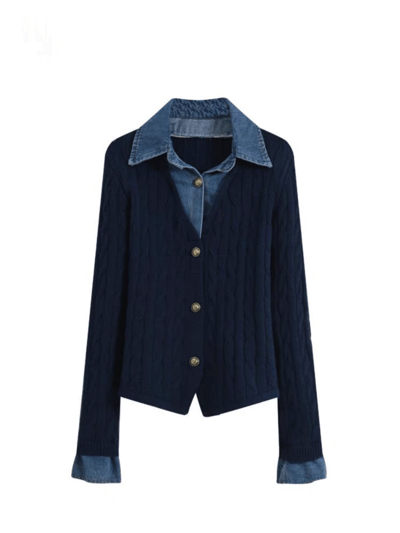 歐貨牛仔拼接針織衫 假兩件設計・秋冬高級氣質開襟上衣5