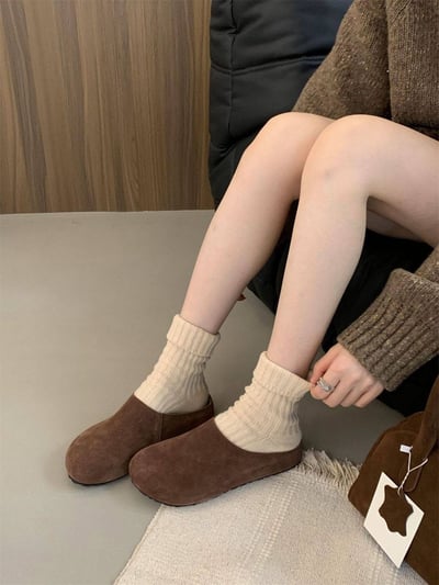 秋冬復古包頭厚底半拖鞋 軟皮內增高懶人一腳套拖鞋3