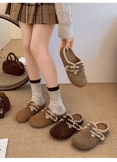 秋日奶油慵懶風 厚底內增高毛呢包頭拖鞋勃肯鞋1