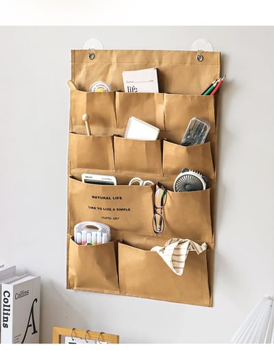 防水牛皮紙收納掛袋 多口袋大容量牆掛式收納袋 宿舍門後/床頭/廚房雜物收納袋7