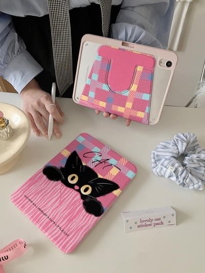 口袋黑貓 粉色格紋萌萌小黑貓平板保護套4