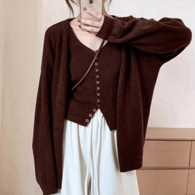 秋冬必備的軟萌穿搭 《溫柔軟糯兩件套》 韓系針織開衫＋排扣背心套裝7