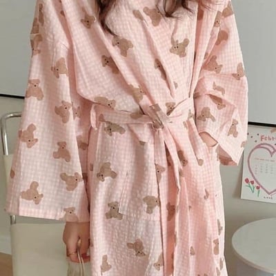 日式和服小熊格子純棉睡袍6