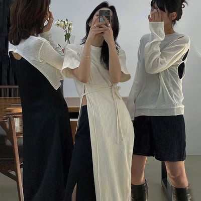 韓系極簡風   綁帶收腰側開叉長洋裝6