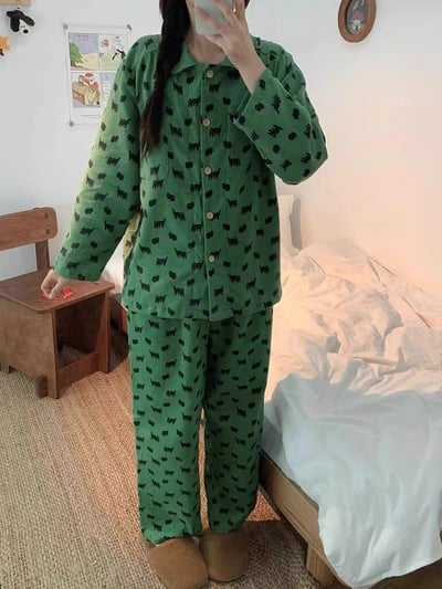 春秋長袖綠野小黑貓睡衣套裝3