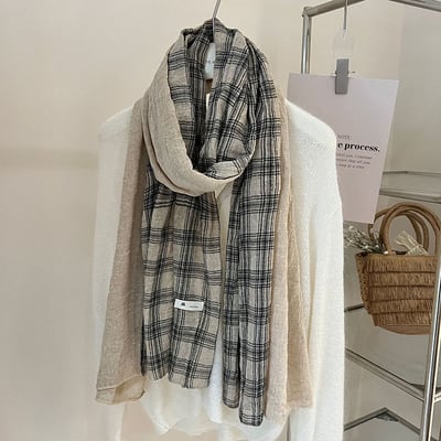 韓版氛圍感格子圍巾 全棉亞麻質感雙色披肩8