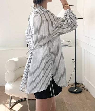 韓系秋季新款後背開叉繫帶條紋襯衫7