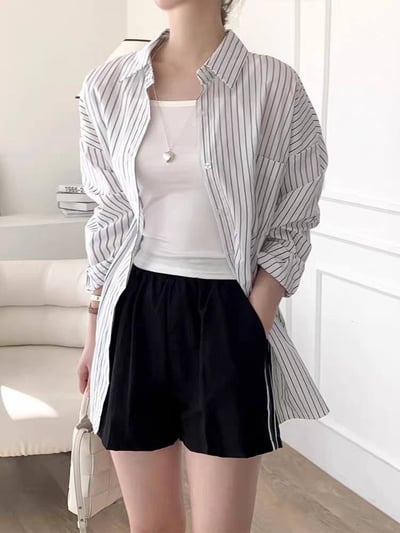 韓系秋季新款後背開叉繫帶條紋襯衫6