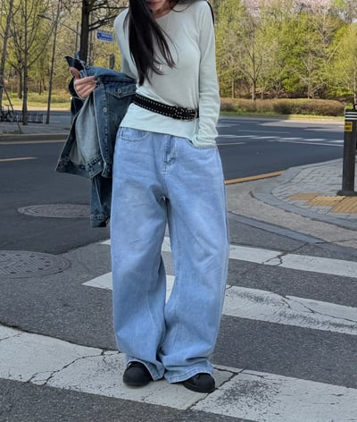 低腰側邊抓摺落地牛仔寬褲 2colors8