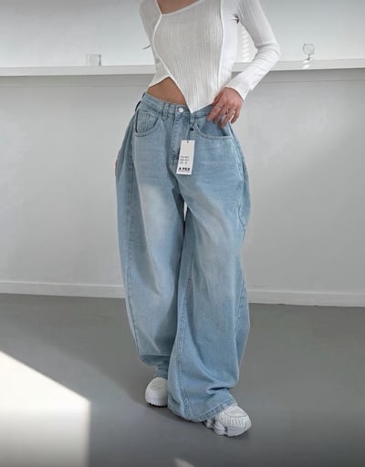 低腰側邊抓摺落地牛仔寬褲 2colors17