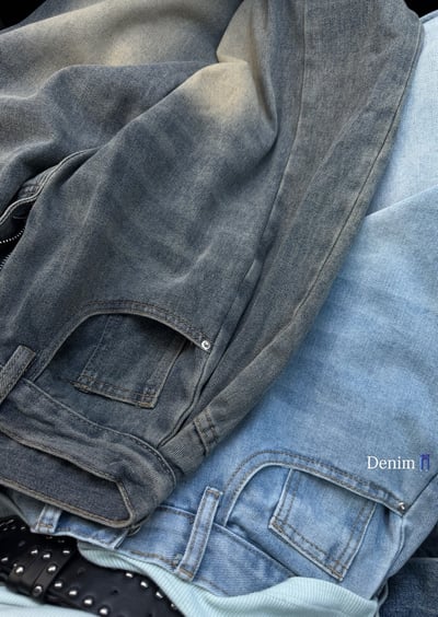 低腰側邊抓摺落地牛仔寬褲 2colors2