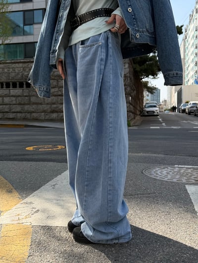 低腰側邊抓摺落地牛仔寬褲 2colors7