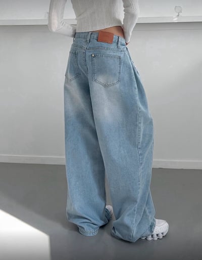 低腰側邊抓摺落地牛仔寬褲 2colors2