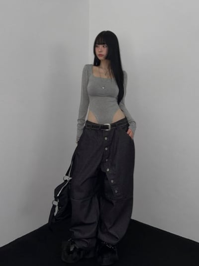 小眾設計款鈕扣街頭寬褲 2colors4