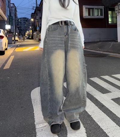 低腰側邊抓摺落地牛仔寬褲 2colors5