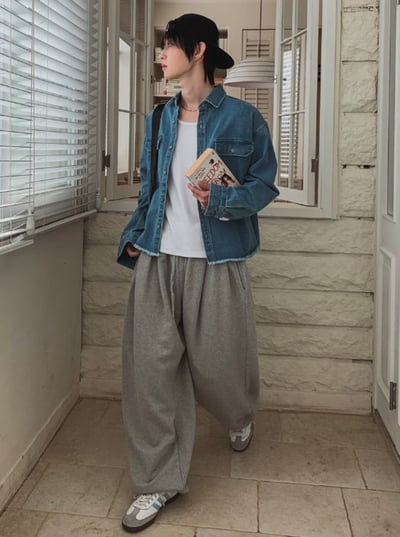 休閒拼接貼布落地棉褲 2colors9