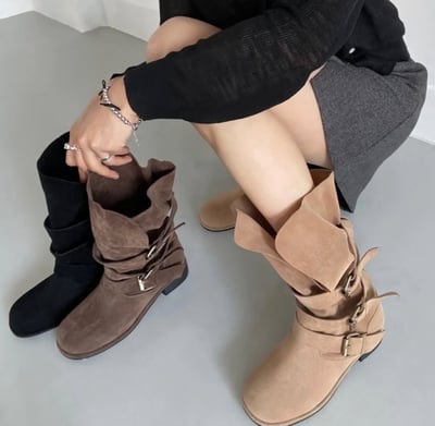 巴黎街道麂皮金屬扣中筒靴 3colors5