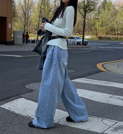 低腰側邊抓摺落地牛仔寬褲 2colors9