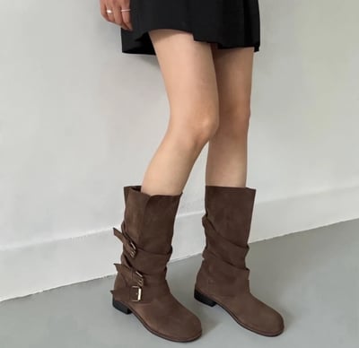 巴黎街道麂皮金屬扣中筒靴 3colors9