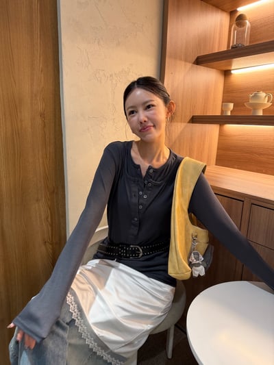 韓國春裝雙層排釦假兩件上衣 2colors14