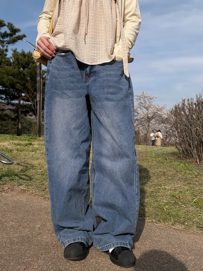 低腰側邊抓摺落地牛仔寬褲 2colors4