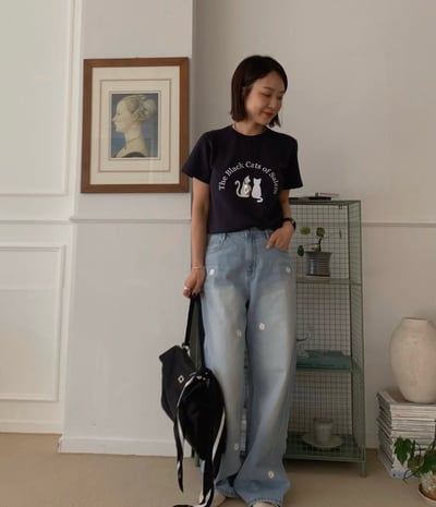 26ss 雛菊刺繡丹寧長褲 1color6