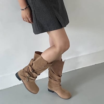 巴黎街道麂皮金屬扣中筒靴 3colors3