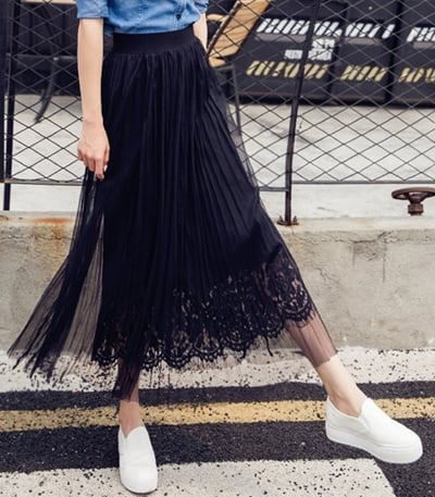 韓國氣質甜美睫毛蕾絲拼接百摺高腰網紗長裙1