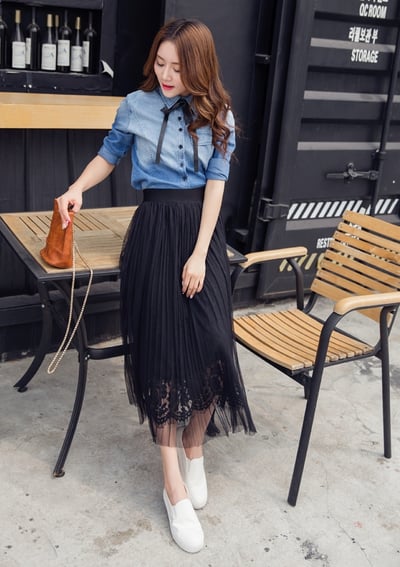 韓國氣質甜美睫毛蕾絲拼接百摺高腰網紗長裙3