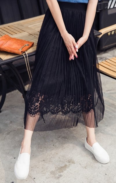 韓國氣質甜美睫毛蕾絲拼接百摺高腰網紗長裙2