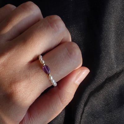 橢圓珍珠 天然石彈性珠戒 14KGF12