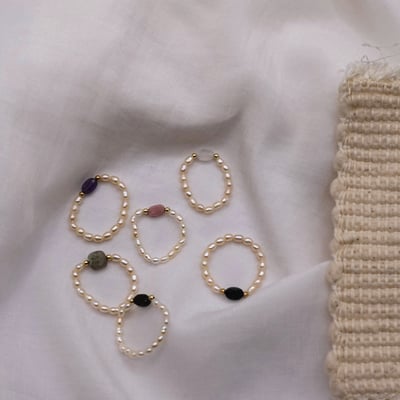 橢圓珍珠 天然石彈性珠戒 14KGF1