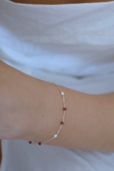 珍珠 紅石榴石 間隔純銀手鍊 S9253