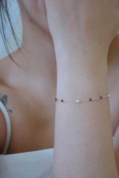 珍珠 紅石榴石 間隔純銀手鍊 S9251