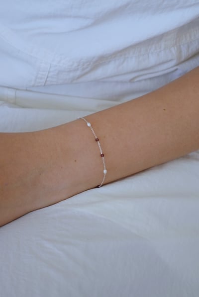 珍珠 紅石榴石 間隔純銀手鍊 S9254