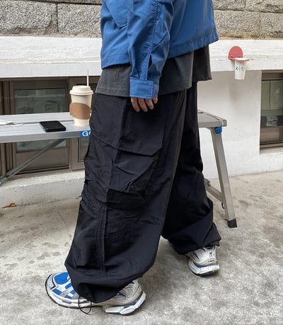 【現貨】立體壓褶工裝口袋防潑水闊腿風褲2