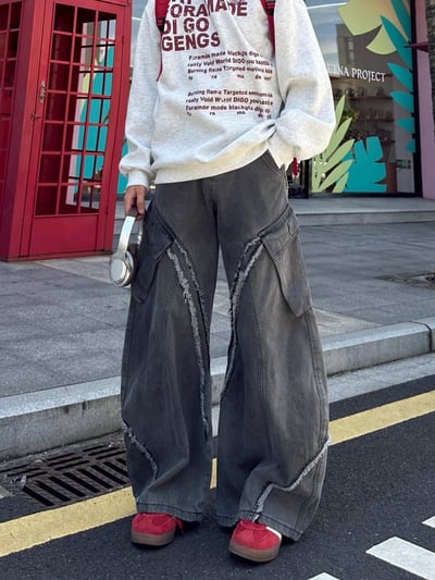 【街頭狠貨】層次抽鬚毛邊寬褲4