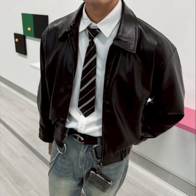 【皮革質感單品】街頭短版BOXY皮革夾克外套1