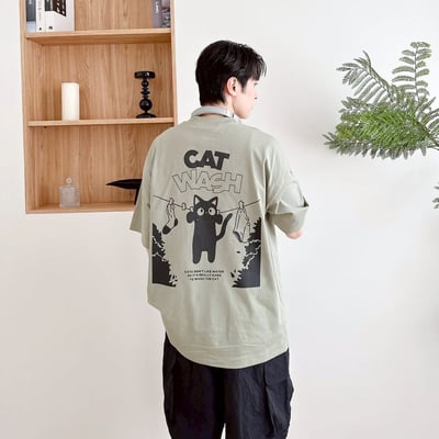 【SORONA® 涼感現貨】CAT WASH曬衣貓咪印花短T6