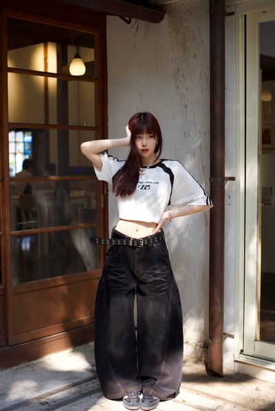 【腿長爆款來襲!!!】閃電裂痕水洗彎刀褲2