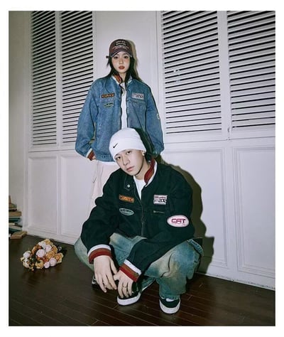 【預購】美式復古撞色拼接立領徽章牛仔夾克9