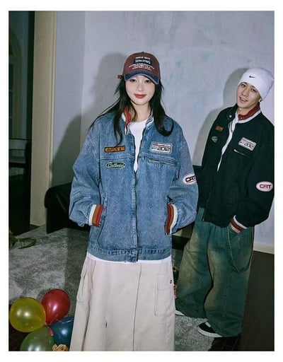 【預購】美式復古撞色拼接立領徽章牛仔夾克6