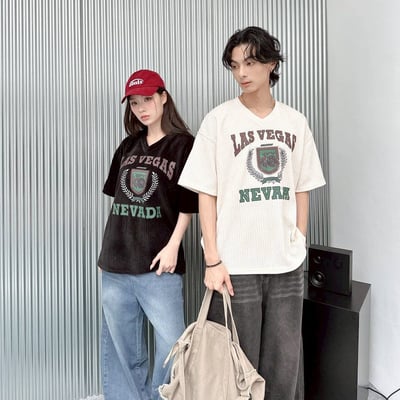 【現貨】LAS VEGAS剝落感燈心絨印花短T6