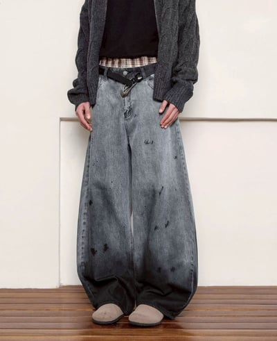 【潮流必備現貨】復古潑墨畫彎刀牛仔褲5