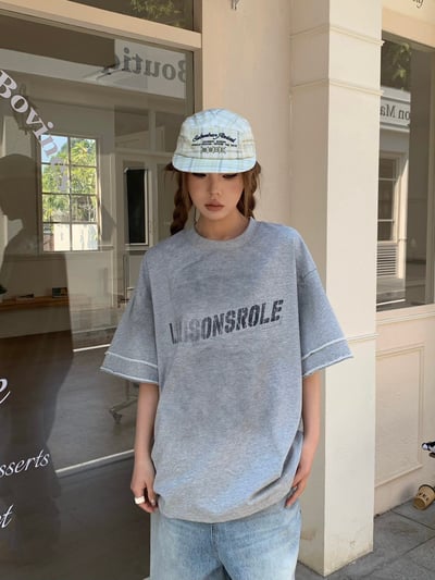 【前後不同色!!!帥酷單品】美式手袖拼接做舊重磅短T9