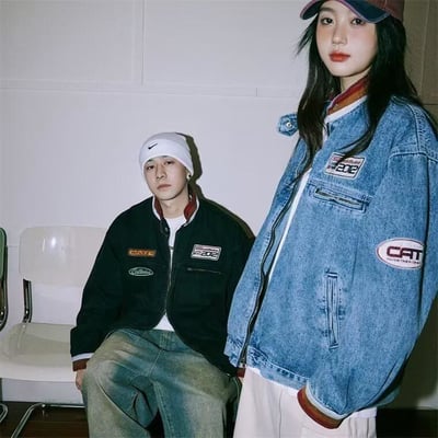 【預購】美式復古撞色拼接立領徽章牛仔夾克4